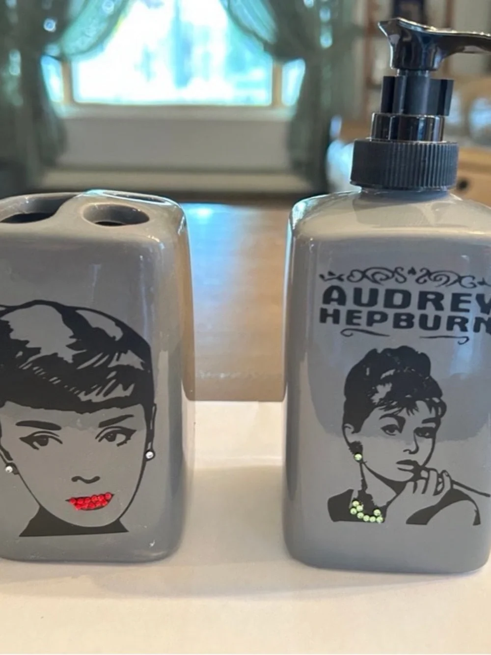 Audrey Hepburn Gray Ceramic Soap Dispenser - Elegant Bathroom Accessory